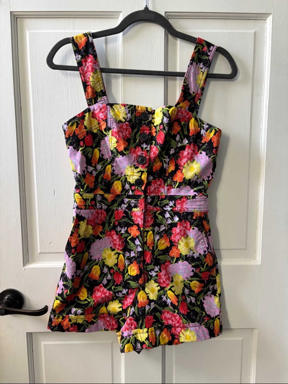 Noritake Black Floral Button-Front romper with Bright Blooms